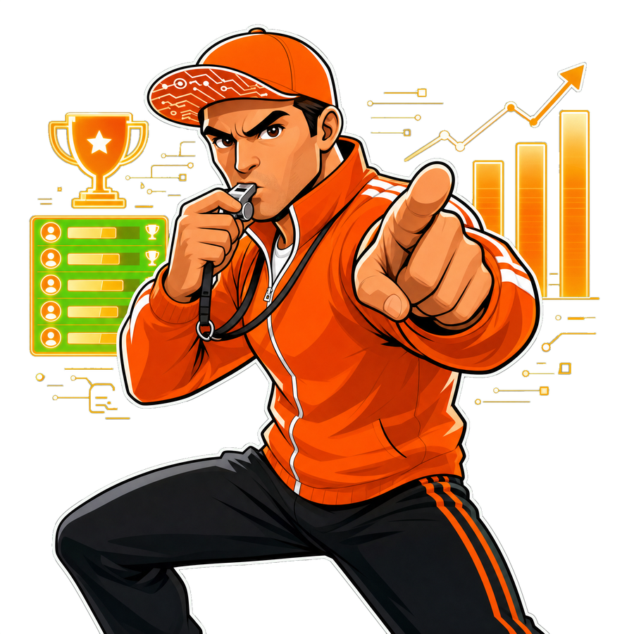 Coach ComPetey, your AI sales coach, pointing at a rising leaderboard